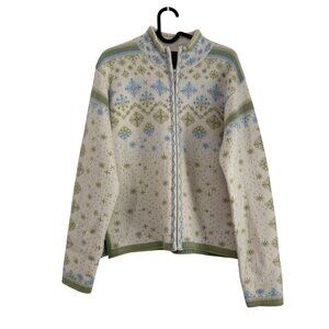 VTG Obermeyer Signature Green Blue Fair Isle Wool Full Zip Sweater Womens Medium